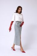 Varak Baskılı Yırtmaçlı Maxi Denim Etek resmi